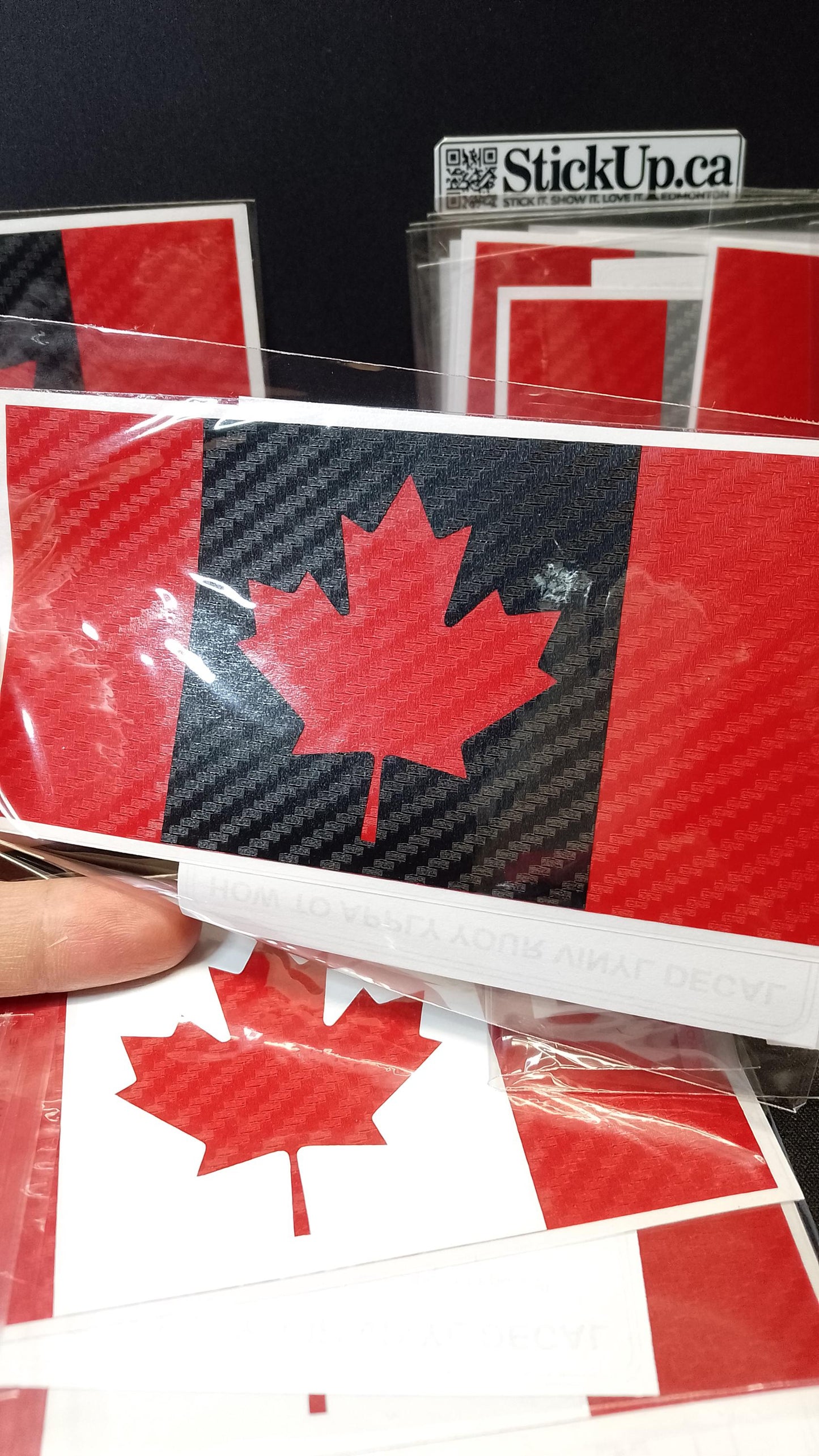 Canadian Flag Vinyl Decal – Red & White Carbon Fiber – 5.5” x 2.7” – Weatherproof Car Sticker