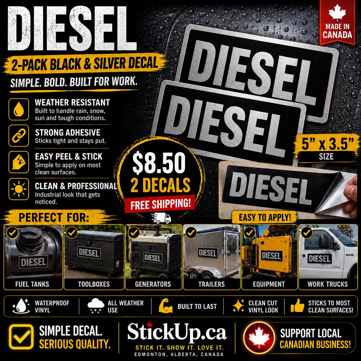 DIESEL Safety Decal 2-Pack– Black & Silver Industrial Vinyl Sticker