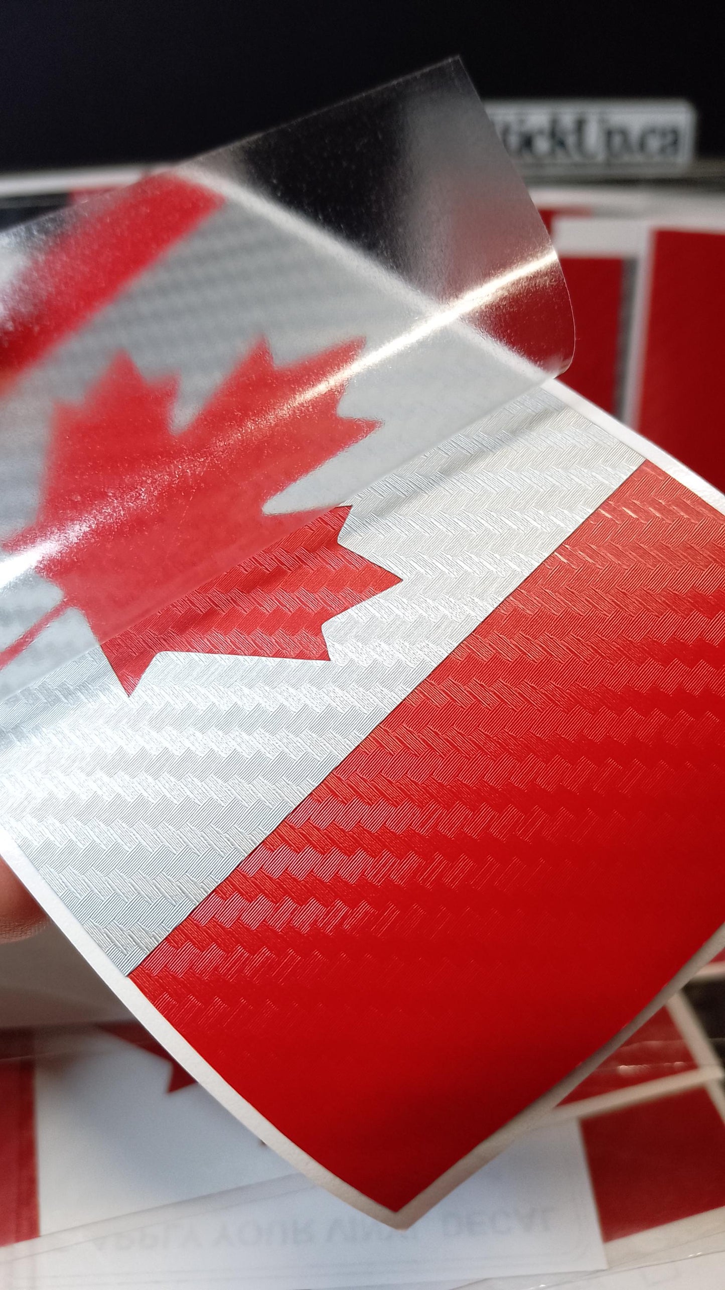 Canadian Flag Vinyl Decal – Red & White Carbon Fiber – 5.5” x 2.7” – Weatherproof Car Sticker