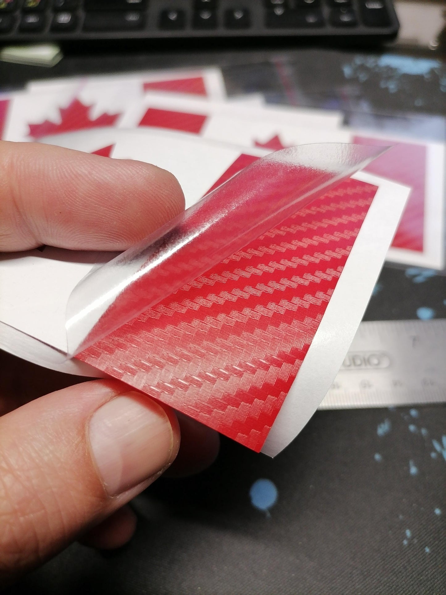 Canadian Flag Vinyl Decal – Red & White Carbon Fiber – 5.5” x 2.7” – Weatherproof Car Sticker