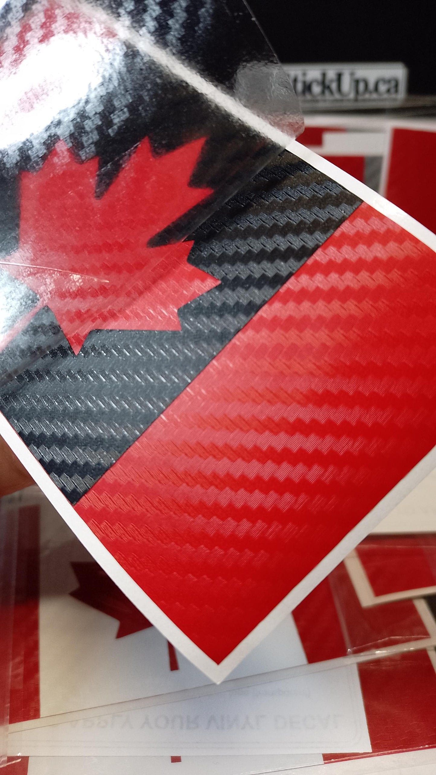 Canadian Flag Vinyl Decal – Red & White Carbon Fiber – 5.5” x 2.7” – Weatherproof Car Sticker